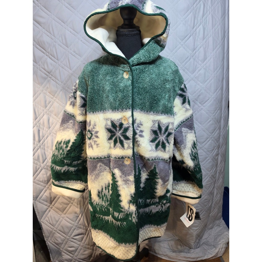 CS Signature Reversible Hooded Fleece Parka Green Winter Scenic Print Large